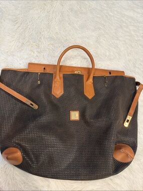 Men's Brown Patterned Duffel with Tan Leather Trim